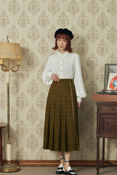 學院裡的叛逆,拉鍊造型打摺格紋長裙