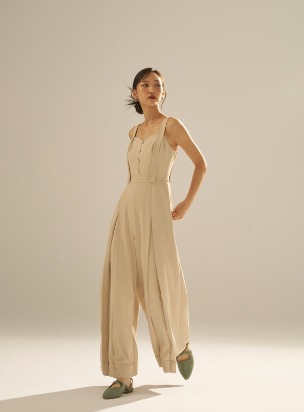 時光飛梭，桃心領打摺簡約吊帶連身褲