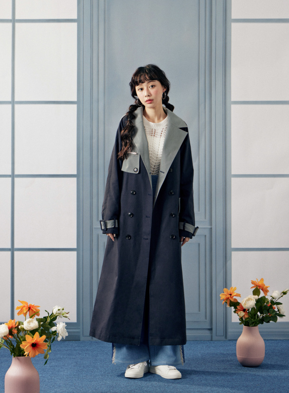 喚起自己,領片設計拼色風衣外套