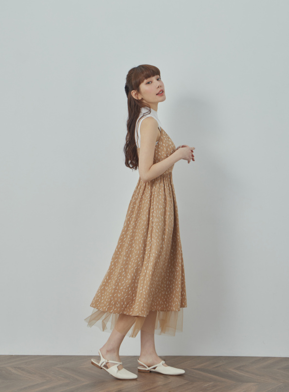 似錦,印花拼紗修身無袖洋裝