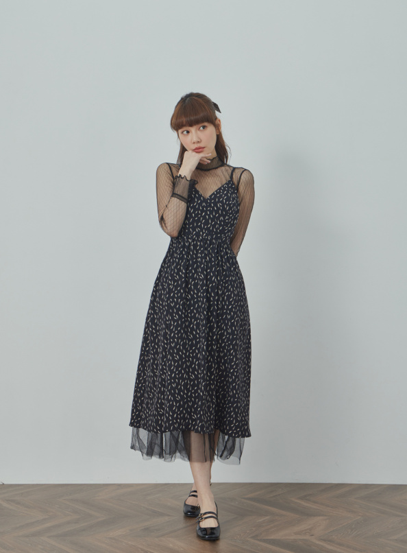 似錦,印花拼紗修身無袖洋裝