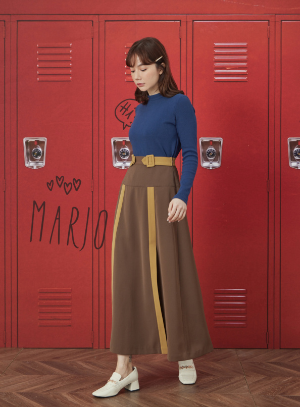 洋溢，造型腰頭雙開衩拼色長裙