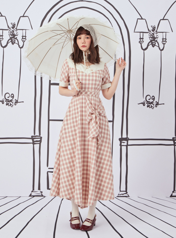 紐約城的午後,領巾造型側綁帶格紋洋裝