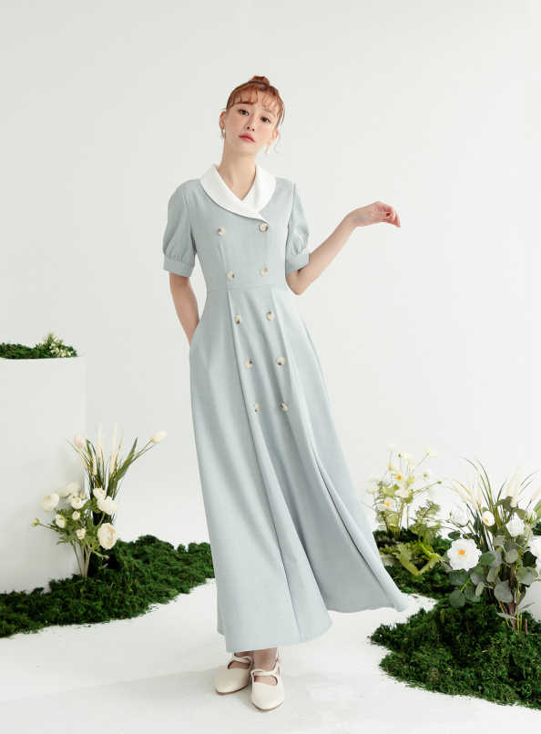 允許發生,雙排釦造型圓領澎袖洋裝