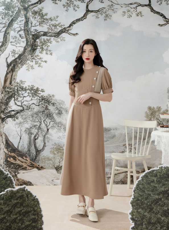 摯愛,腰封感出芽設計拼色洋裝