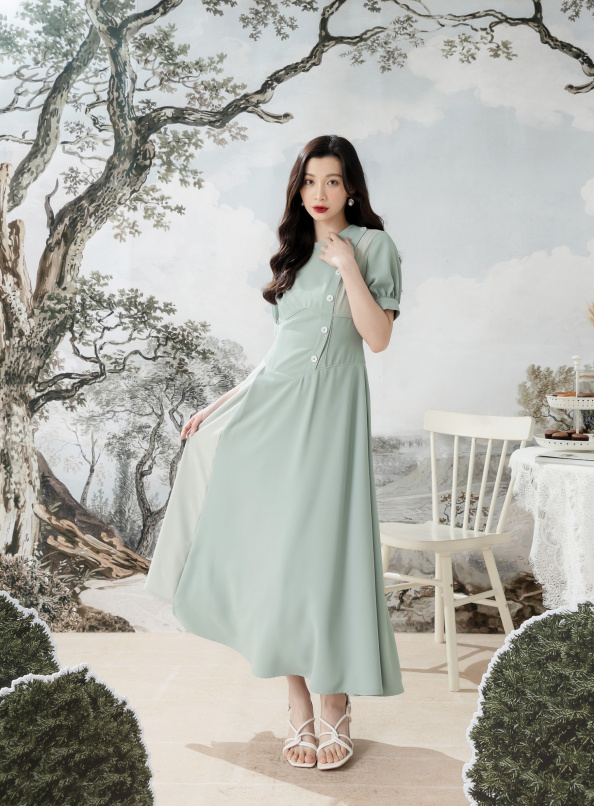 摯愛,腰封感出芽設計拼色洋裝