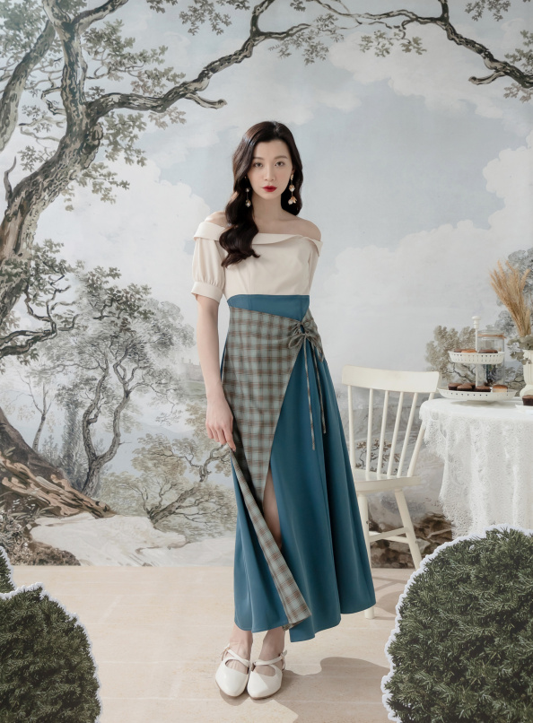 CARMEN LONG SKIRT 混色格紋拼接長裙