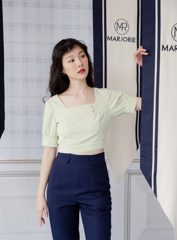 賦予,撞色包邊方領短版上衣