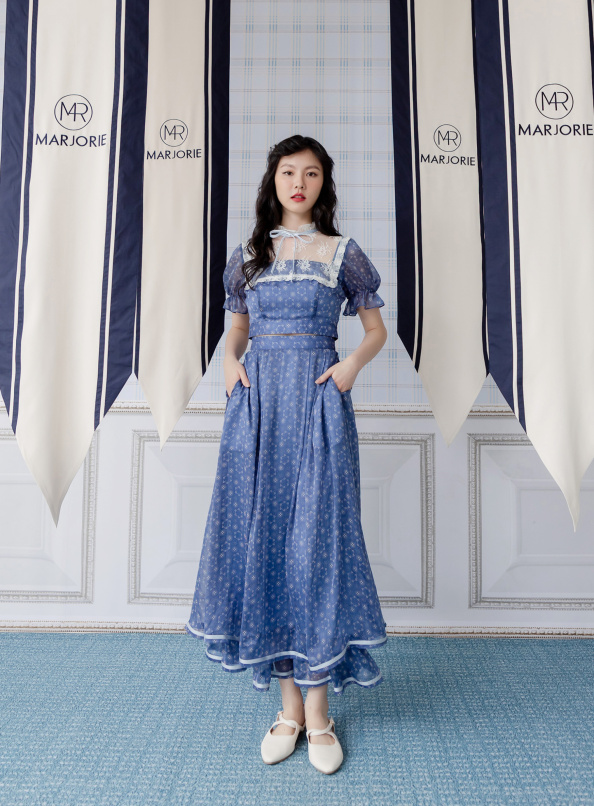 更迭,煙火印花織帶滾邊透紗傘裙