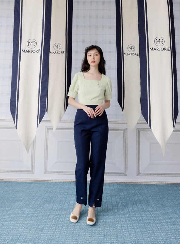 鑲上,袢帶褲管設計修身長褲