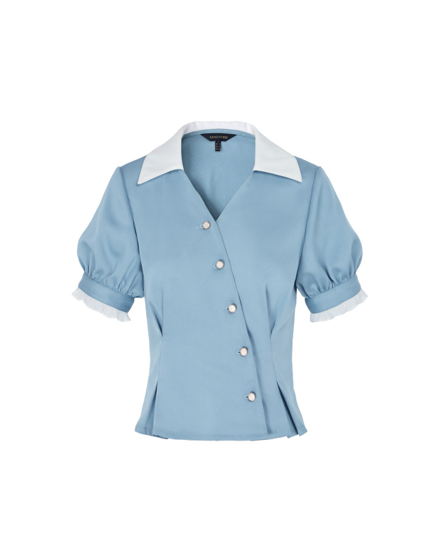 光粼,斜排扣撞色翻領合褶襯衫