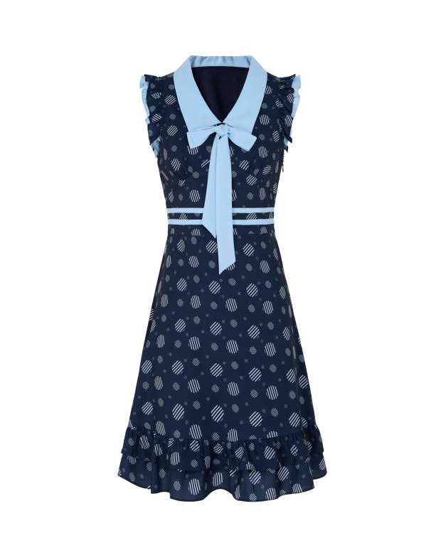 杜米埃浪漫，翻領綁帶印花短洋裝