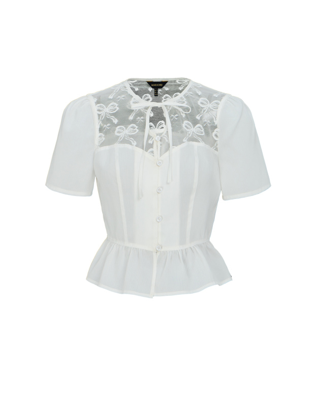 之間，蝴蝶結蕾絲拼接短上衣