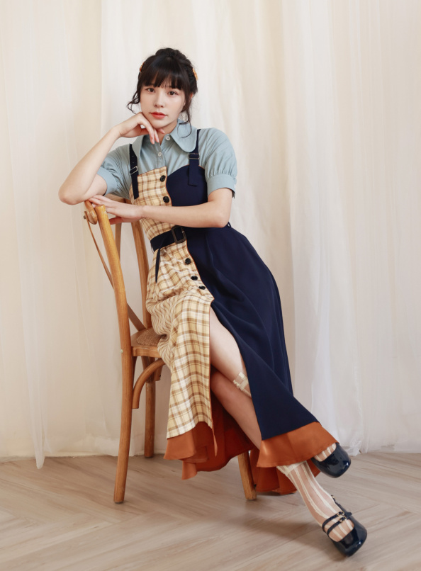 課後光影，格紋拚色雙層洋裝