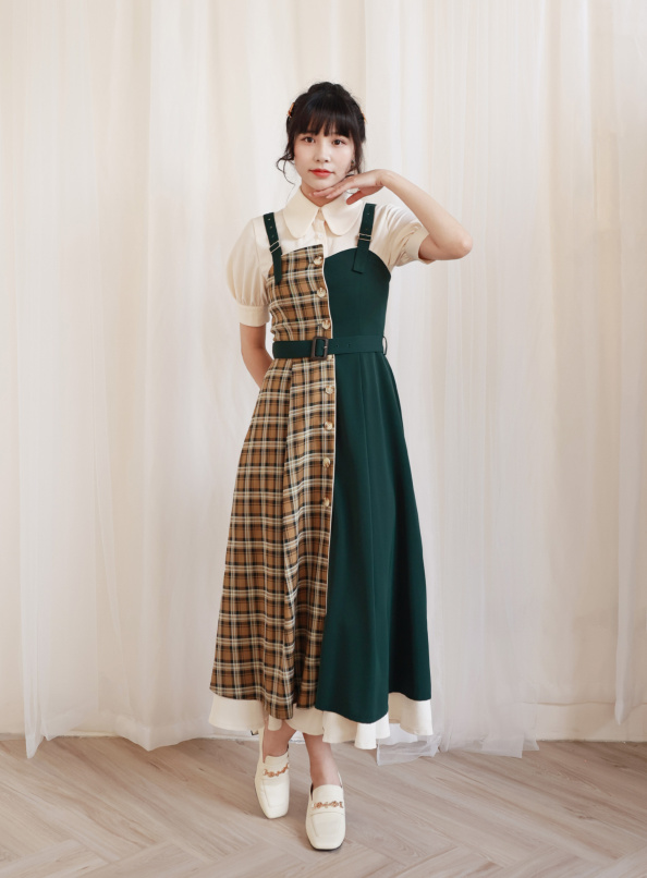 課後光影，格紋拚色雙層洋裝