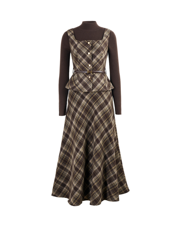 質感甄選，長背心格紋三件套裝