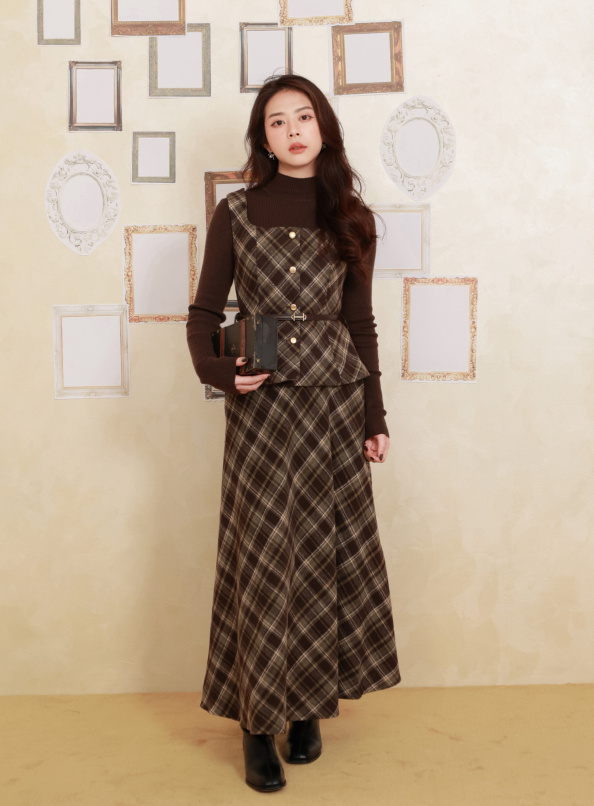 質感甄選，長背心格紋三件套裝