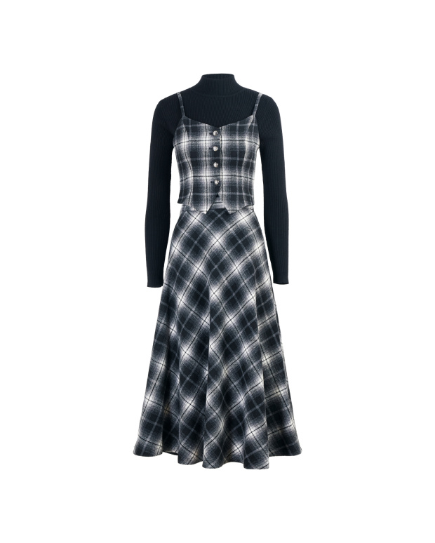 質感甄選，短背心格紋三件套裝