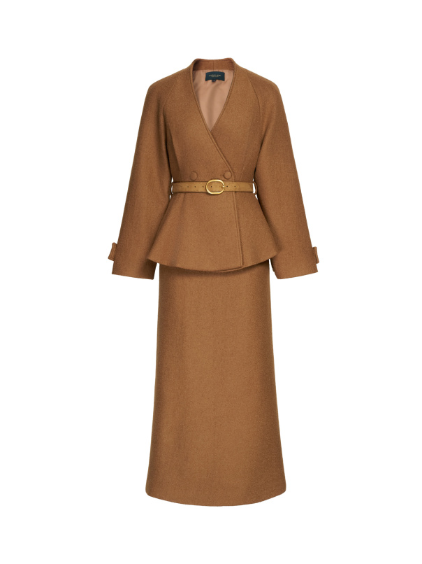 質感甄選，附腰帶雙釦外套窄裙兩件套裝