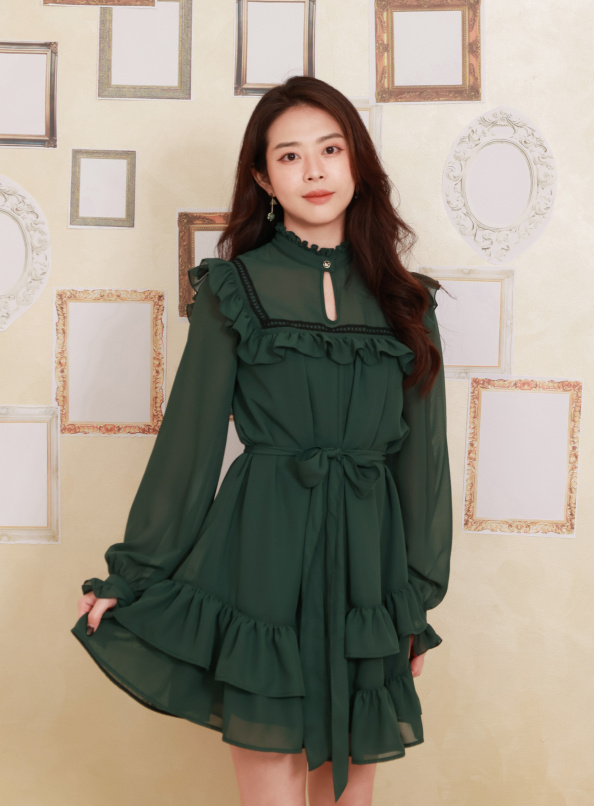 未完的章節，荷葉滾邊小立領中長洋裝