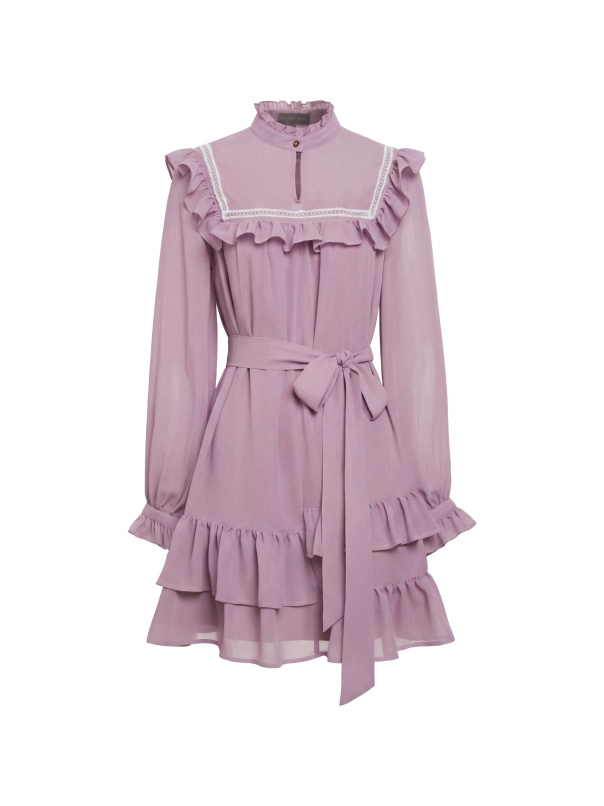 未完的章節，荷葉滾邊小立領中長洋裝